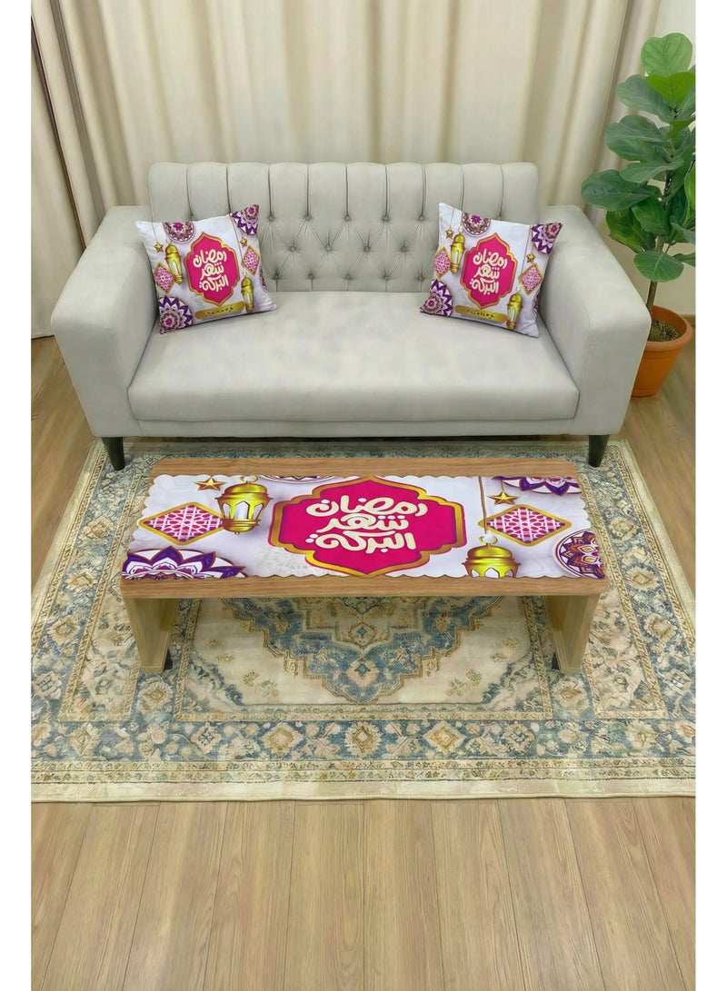 طقم ديكور رمضان 3 قطع - مفرش سفرة (140 × 43 سم) و 2 كيس خدادية (43 × 43 سم) - تصميم كرتوني رمضاني مبهج لغرفة المعيشة - زينة رمضان للمنزل - Image 1